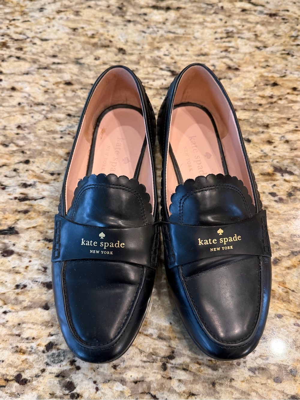 kate spade Black Leather Scalloped Penny Loafers